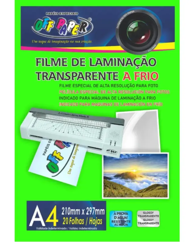 FILME DE LAMINACAO TRANSPARENTE A FRIO A4 OFF PAPER 20 FLS