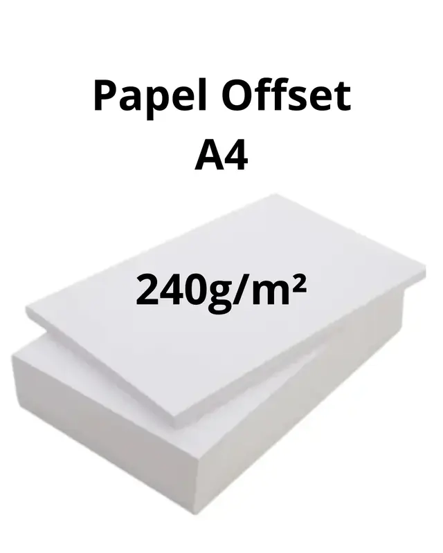 Papel Offset A4 (21 x 29,7cm), gramatura: 240g/m2, com 100 fls.