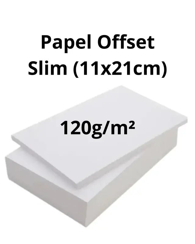 Papel Offset Slim (11 x 21 cm), gramatura: 120g/m2, com 100 fls.