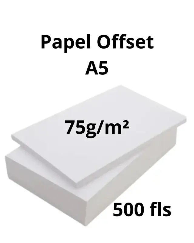Papel Offset A5 (14,8x21cm), gramatura: 75g/m2, com 500 fls.