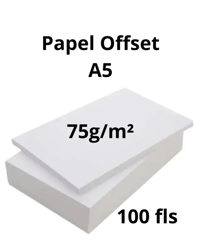 Papel Offset A5 (14,8x21cm), gramatura: 75g/m2, com 100 fls.