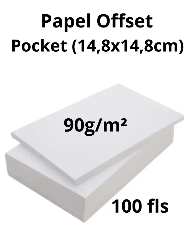 Papel Offset pocket (14,8 x 14,8 cm), gramatura: 90g/m2, com 100 fls.