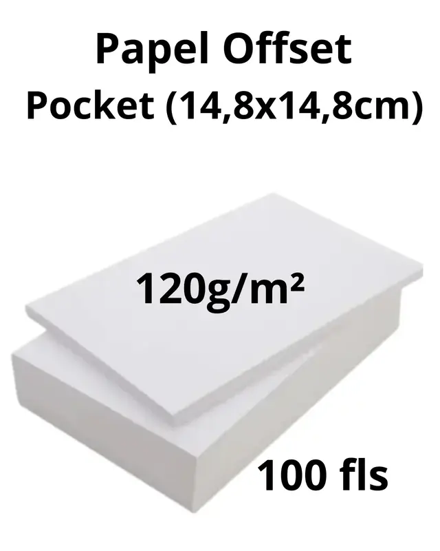 Papel Offset pocket (14,8 x 14,8 cm), gramatura: 120g/m2, com 100 fls.